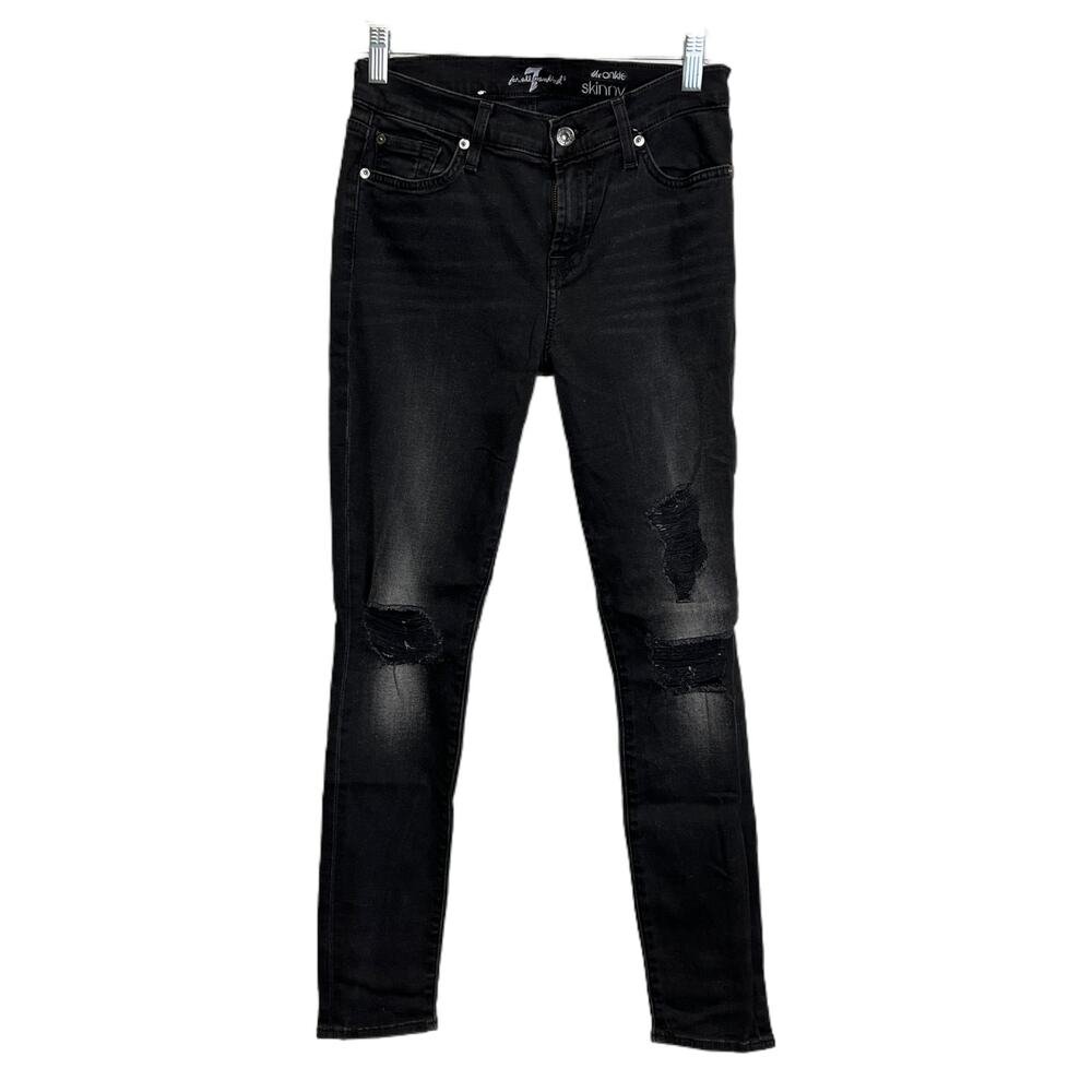 7 For All Mankind Sz 26‎ The Ankle Skinny Jeans Mid-Rise Black Distressed Denim